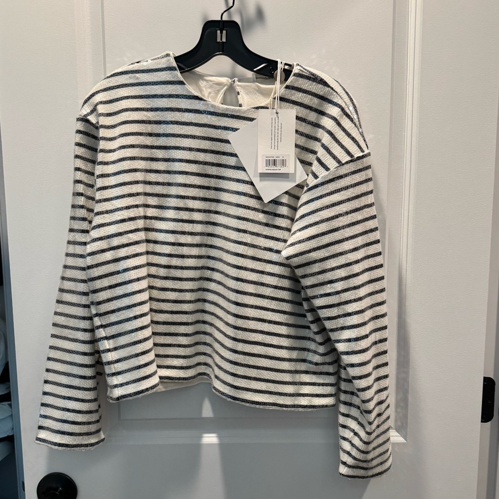 FRAME $398 Sequin Crewneck Sweater - White & Navy - Picture 6 of 6